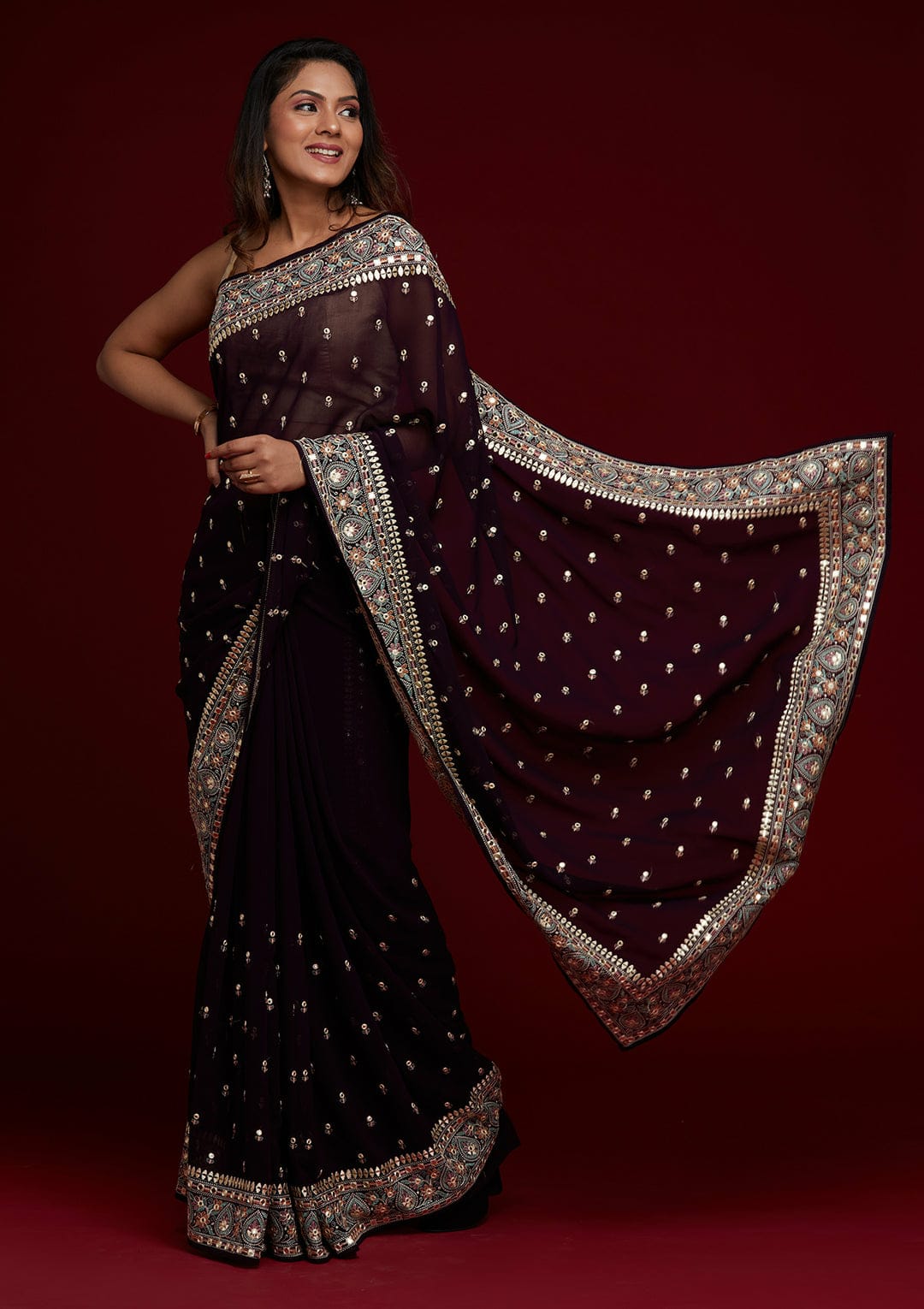 Wedding Wear Heavy Georgette Silk Embroidary And Foil Mirror Worked Saree With Border Piping Blouse