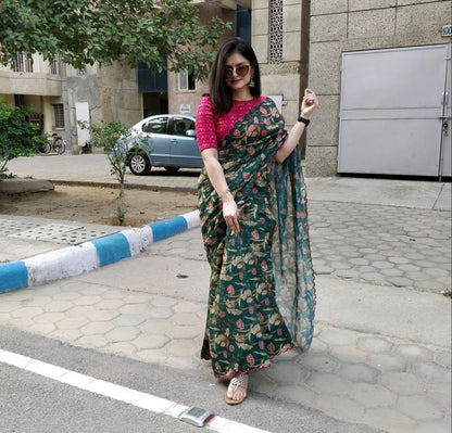 Organza Silk Beautidul Digital Printed Saree With Unstiched Banglori Silk Blouse