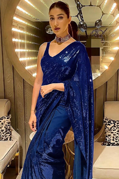 Heavy Georgette Embroidary Sequence Worked Party Wear Saree With Beautiful Sequence Worked Blouse
