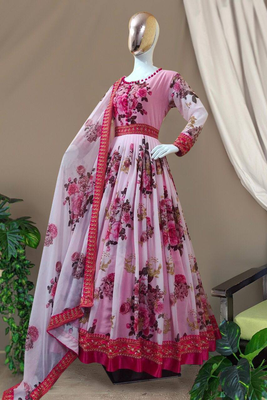 Amazing Digital Printed Georgette Full Stiched Gown With Beautiful Duppata
