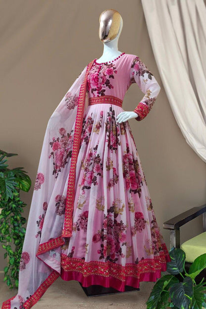 Amazing Digital Printed Georgette Full Stiched Gown With Beautiful Duppata
