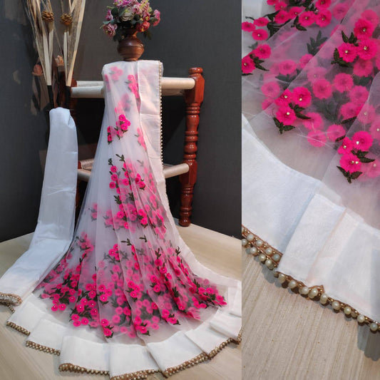 Net Embroidary Worked Party Wear Saree With Moti Worked Lace And Banglori Silk Blouse