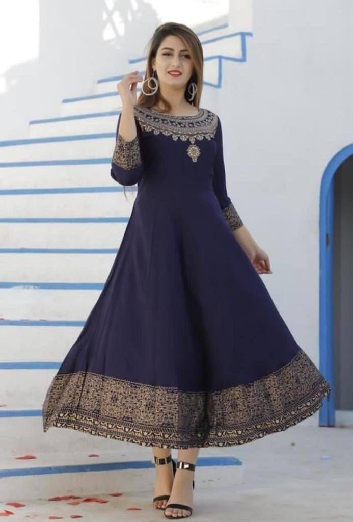 Designer Heavy Reyon Gold Foil Printed Full Stiched Long Kurti