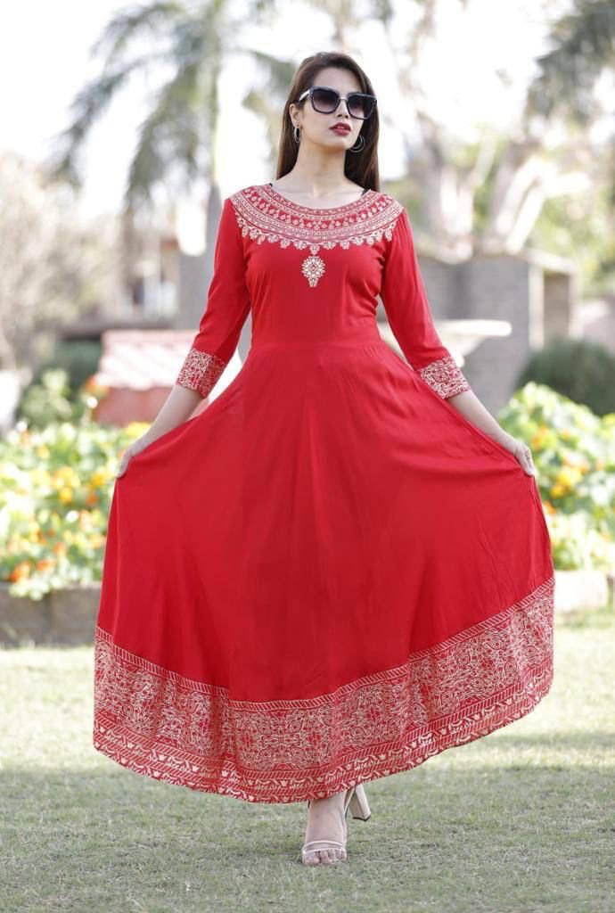 Designer Heavy Reyon Gold Foil Printed Full Stiched Long Kurti