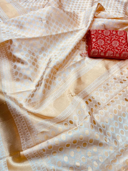Traditional Kanchipuram Cream Colour Weaving Saree With Lovely Self Buti Weaving Design And Border Weaving