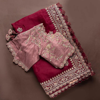 Pure Kashmiri Silk Saree With Heavy Embroidary Work N Cotton Silk Blouse With Embroidery Sequence Work
