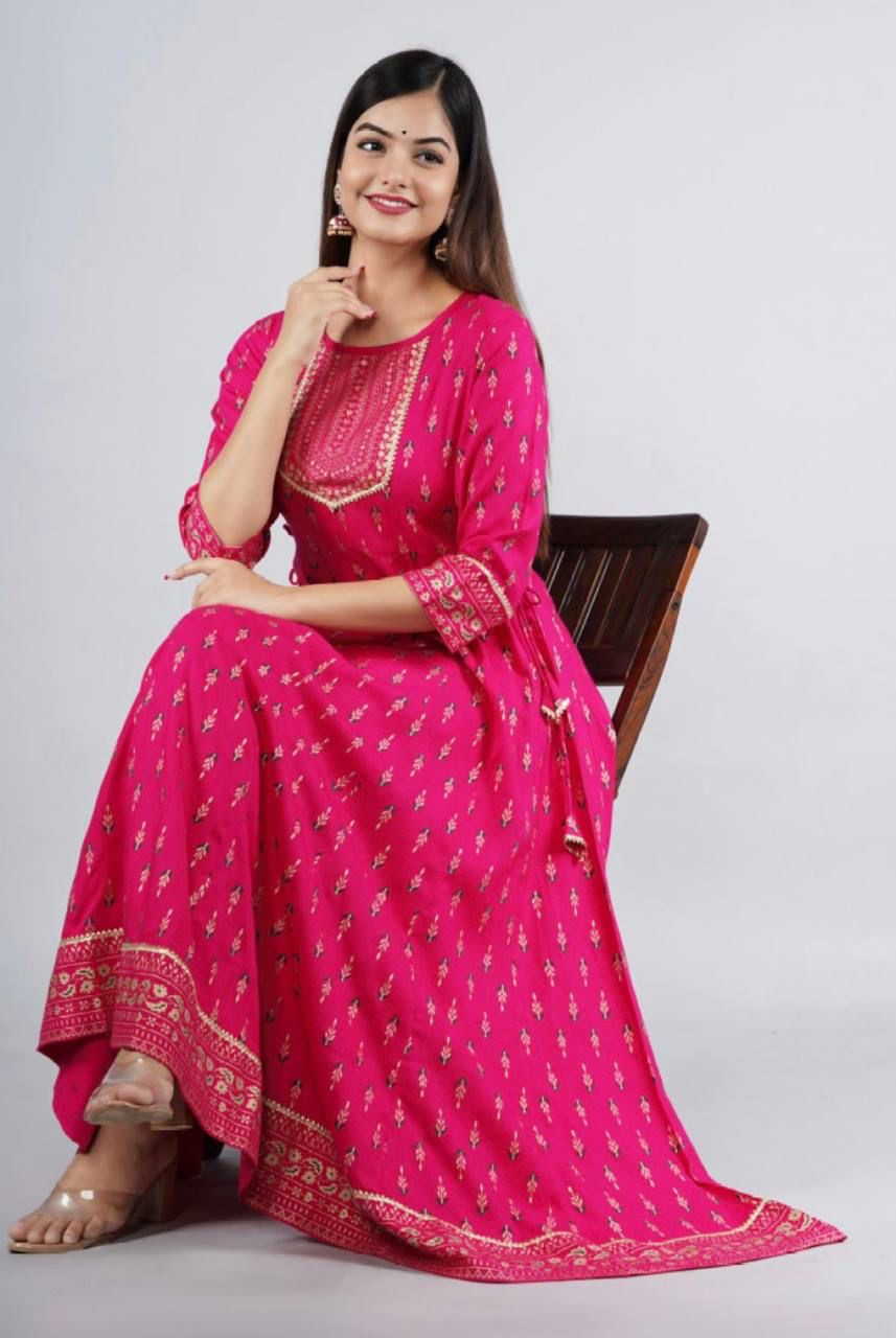 Reyon Gold Foil Printed Casual Wear Full Stiched Kurti