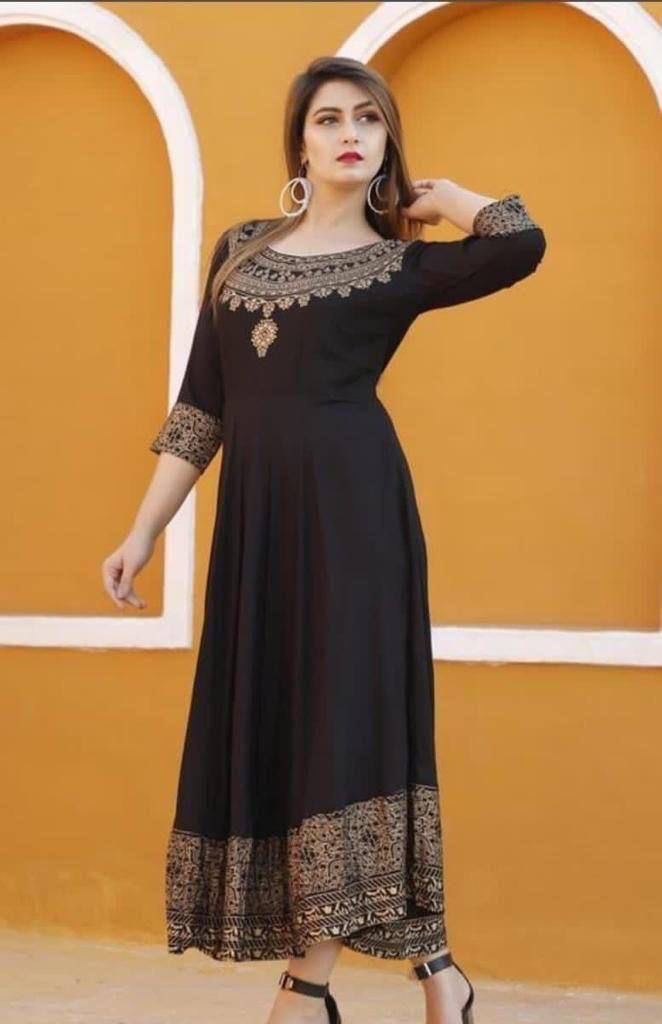 Designer Heavy Reyon Gold Foil Printed Full Stiched Long Kurti