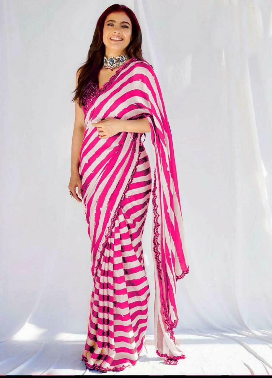 Heavy Satin Silk Party Wear Dogotal Printed Saree With Sequence Worked Blouse