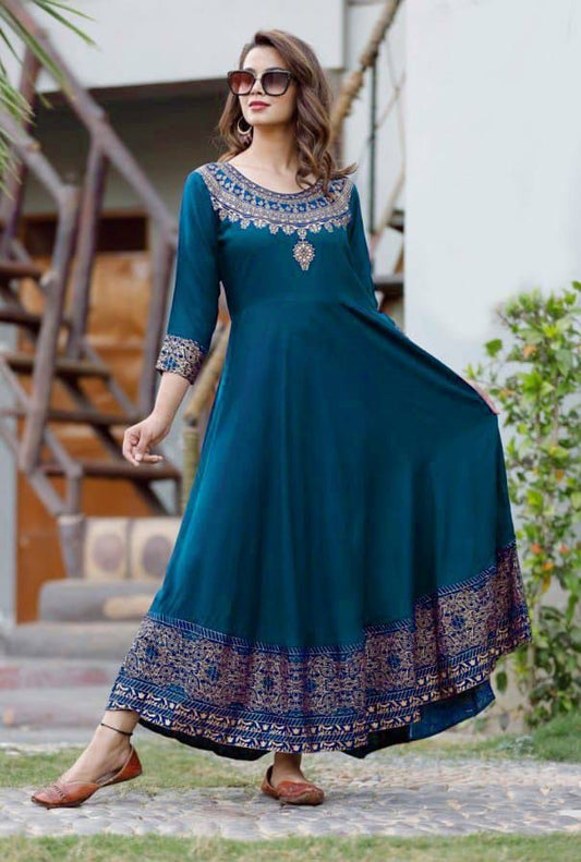 Designer Heavy Reyon Gold Foil Printed Full Stiched Long Kurti