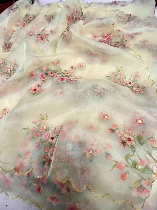Organza Silk Digital Printed Saree Handworked Saree With Banglori Silk Blouse