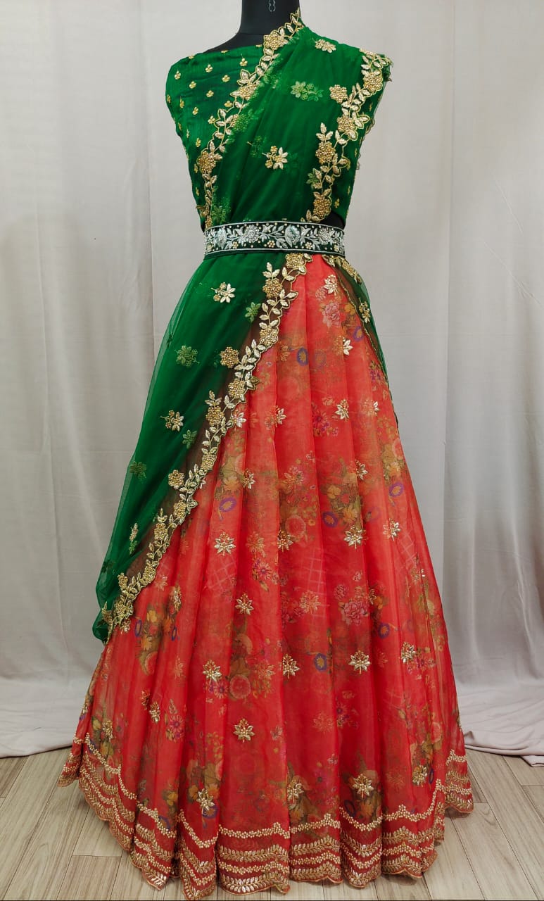 Beautiful Printed Organza Silk Embroidary And Stone Worked Half-Saree South Lehanga With Desinger Blouse And Duppta