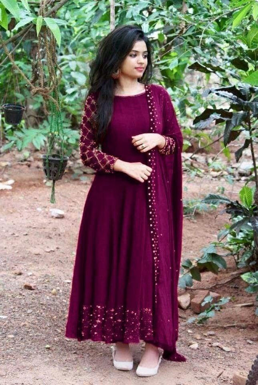 New Casual Wear Full Stiched Gworgette Embroidary And Moti Worked Gown With Moti Worked Duppata
