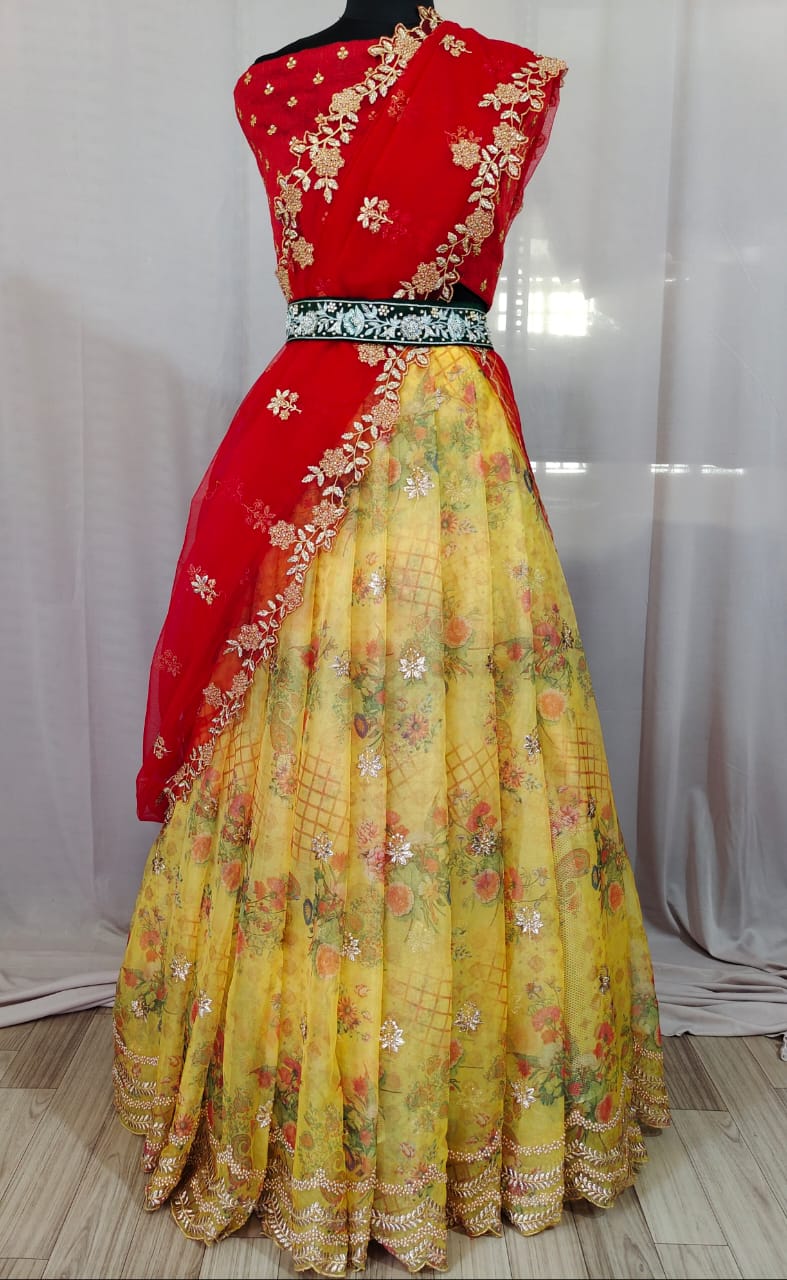 Beautiful Printed Organza Silk Embroidary And Stone Worked Half-Saree South Lehanga With Desinger Blouse And Duppta