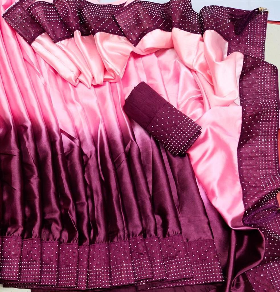 Heavy Satin Silk Peding Printed Hot Fixing Daimond Worked Saree Wuth Banglori Silk Blosue