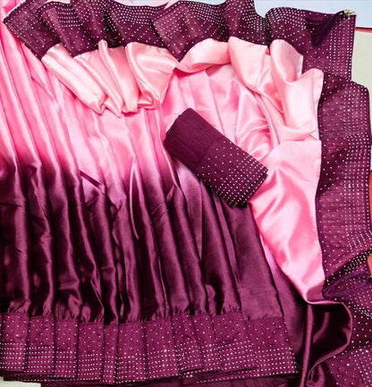 Heavy Satin Silk Peding Printed Hot Fixing Daimond Worked Saree Wuth Banglori Silk Blosue