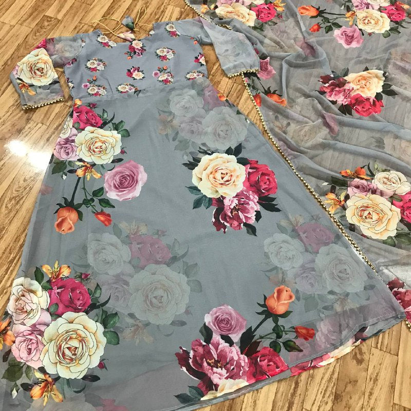 Latest Digital Flower Printed Full Stiched Gown With Moti Worked And Printed Beautiful Duppta