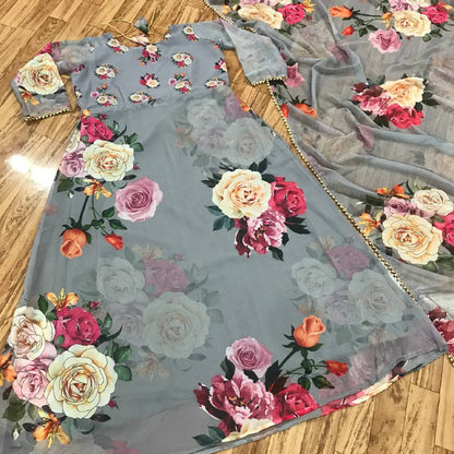 Latest Digital Flower Printed Full Stiched Gown With Moti Worked And Printed Beautiful Duppta