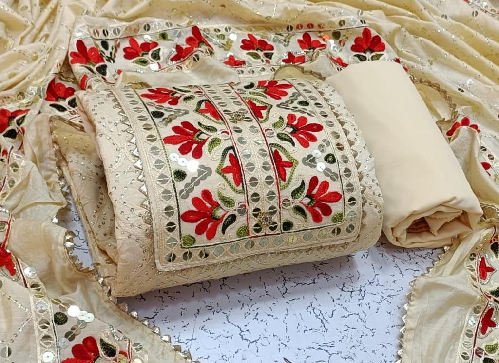 New Heavy Chanderi Silk Multi Sequence Worked Dress Materials With Cotton Bottom
