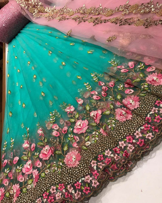 South Style Organza Silk Party Wear Embroidary Work Half-Saree Lehanga With Designer Duppata