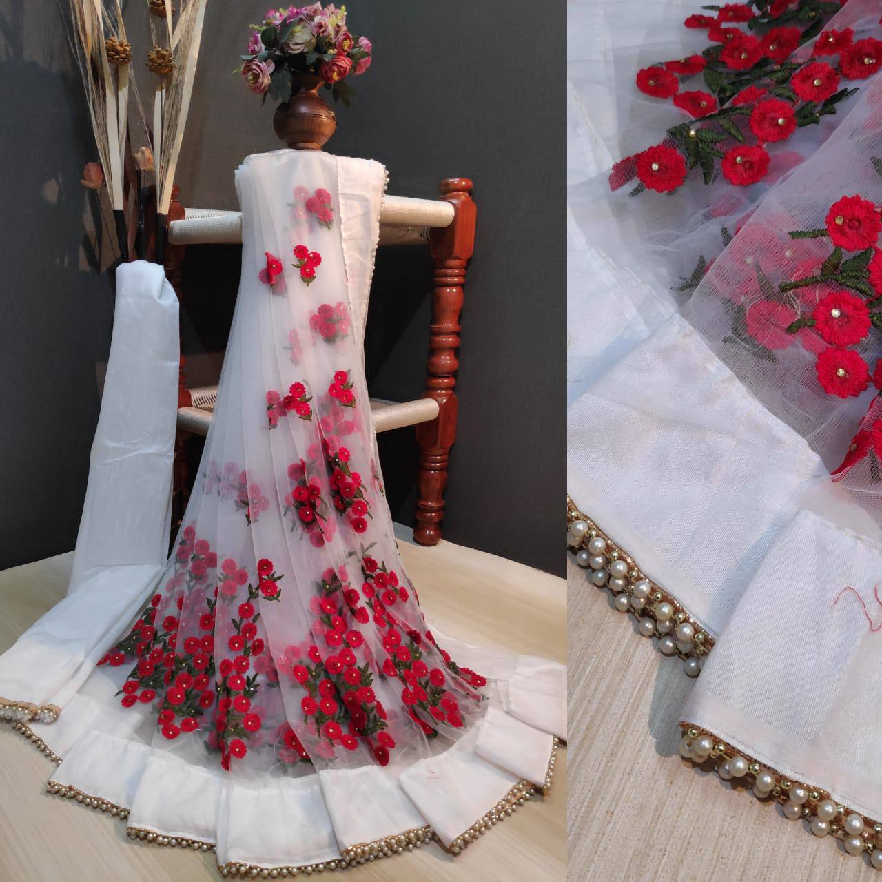 Net Embroidary Worked Party Wear Saree With Moti Worked Lace And Banglori Silk Blouse