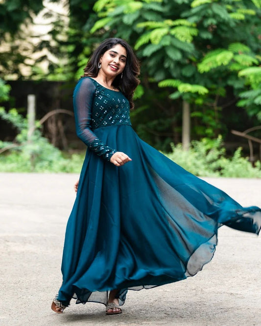 Official Wear Full Lenght Embroidary Worked Stiched Georgette Gown