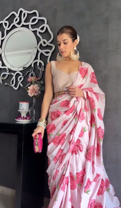 Digital Printed Heavy Satin Border Worked Party Wear Saree With Plain Blouse