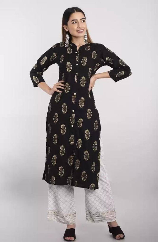 Heavy Reyon Beautiful Gold Printred Full Stiched Kurti Plazo