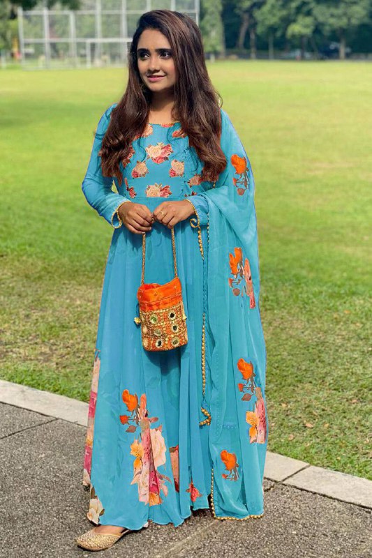Latest Digital Flower Printed Full Stiched Gown With Moti Worked And Printed Beautiful Duppta
