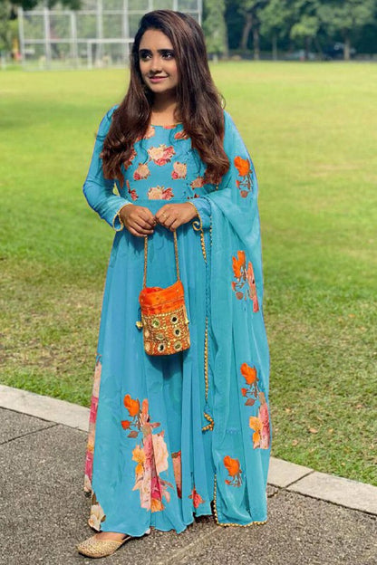 Latest Digital Flower Printed Full Stiched Gown With Moti Worked And Printed Beautiful Duppta