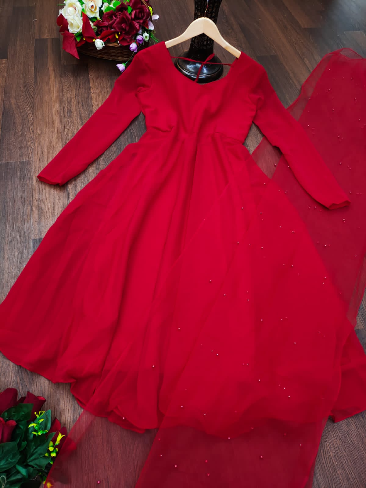 Glemorus Plain Full Stiched Kurti With Moti Worked Net Duppata