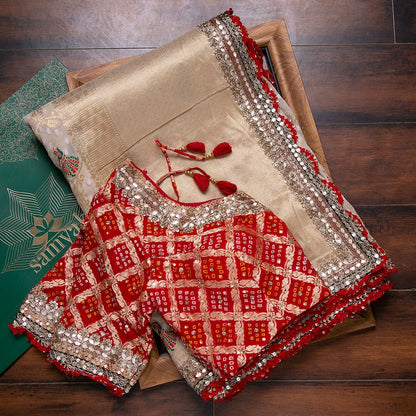 Heavy Jecquard Weaving Saree With Golden Zari Jecquard Sequence & Gotta-Patti Embroidery
