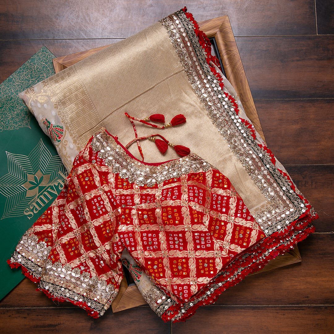 Heavy Jecquard Weaving Saree With Golden Zari Jecquard Sequence & Gotta-Patti Embroidery