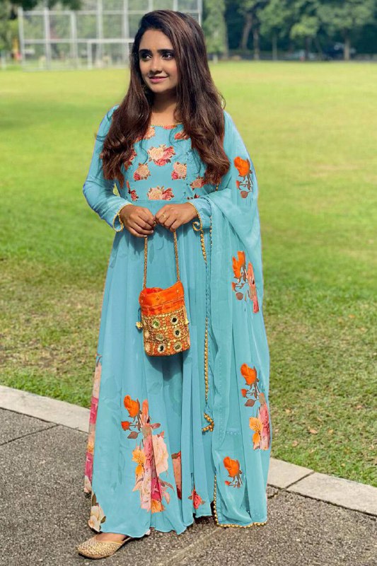 Latest Digital Flower Printed Full Stiched Gown With Moti Worked And Printed Beautiful Duppta