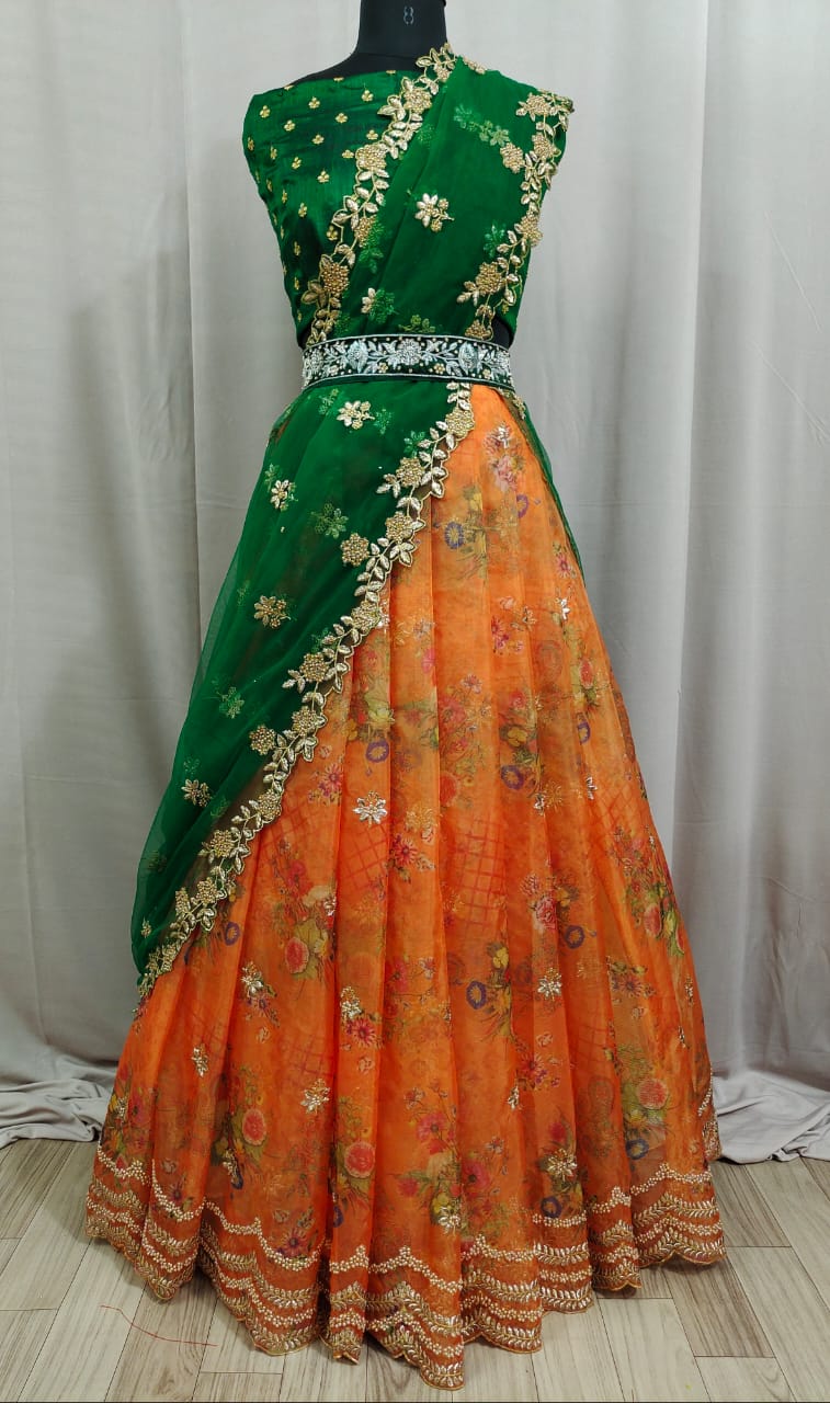 Beautiful Printed Organza Silk Embroidary And Stone Worked Half-Saree South Lehanga With Desinger Blouse And Duppta