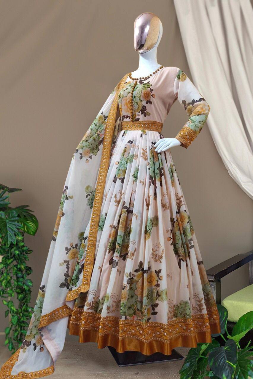 Amazing Digital Printed Georgette Full Stiched Gown With Beautiful Duppata
