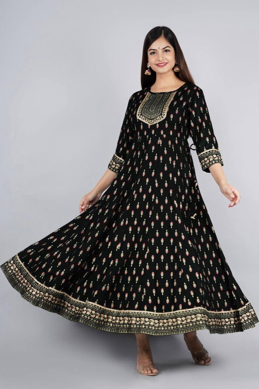 Reyon Gold Foil Printed Casual Wear Full Stiched Kurti