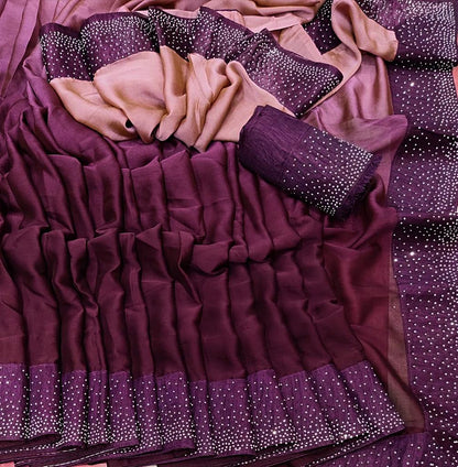 Heavy Satin Silk Peding Printed Hot Fixing Daimond Worked Saree Wuth Banglori Silk Blosue