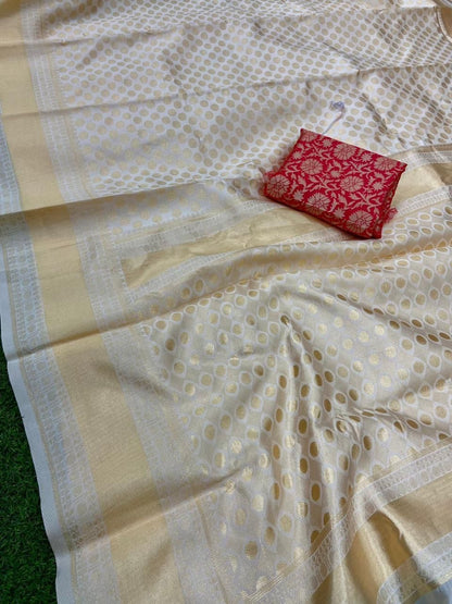 Traditional Kanchipuram Cream Colour Weaving Saree With Lovely Self Buti Weaving Design And Border Weaving