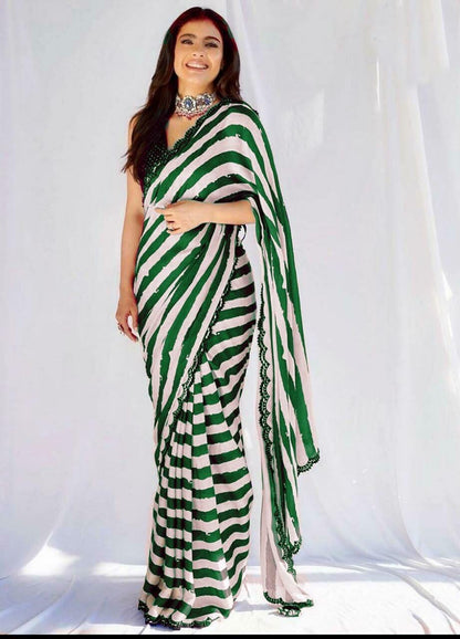 Heavy Satin Silk Party Wear Dogotal Printed Saree With Sequence Worked Blouse