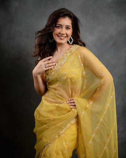 Yellow Colour Party Wear Organza Silk Saree With Designer Blouse