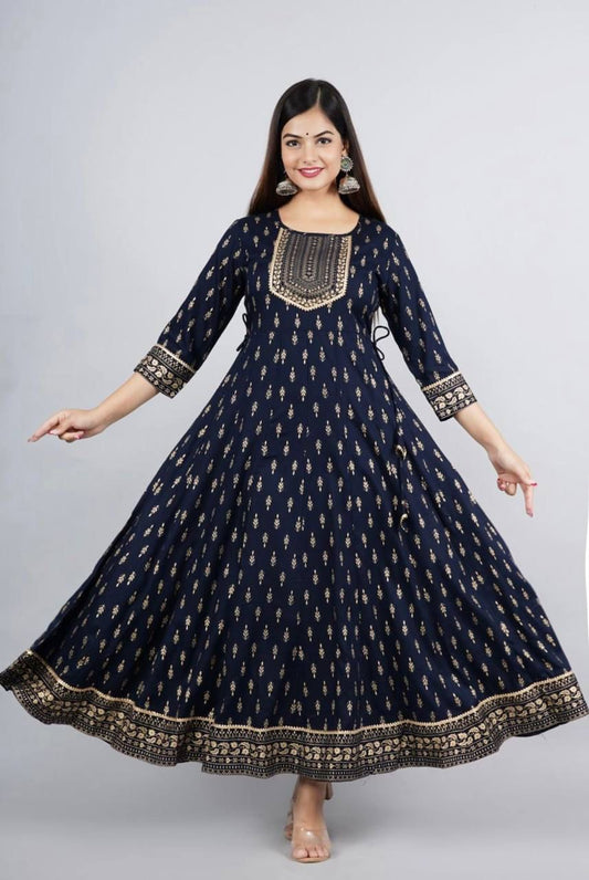 Reyon Gold Foil Printed Casual Wear Full Stiched Kurti