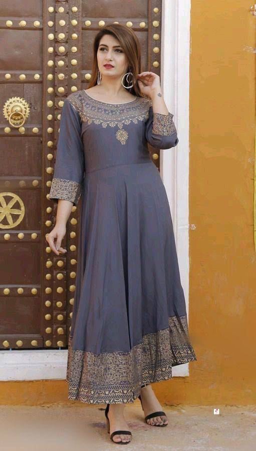 Designer Heavy Reyon Gold Foil Printed Full Stiched Long Kurti