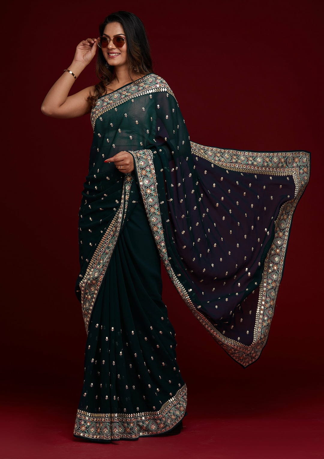 Wedding Wear Heavy Georgette Silk Embroidary And Foil Mirror Worked Saree With Border Piping Blouse