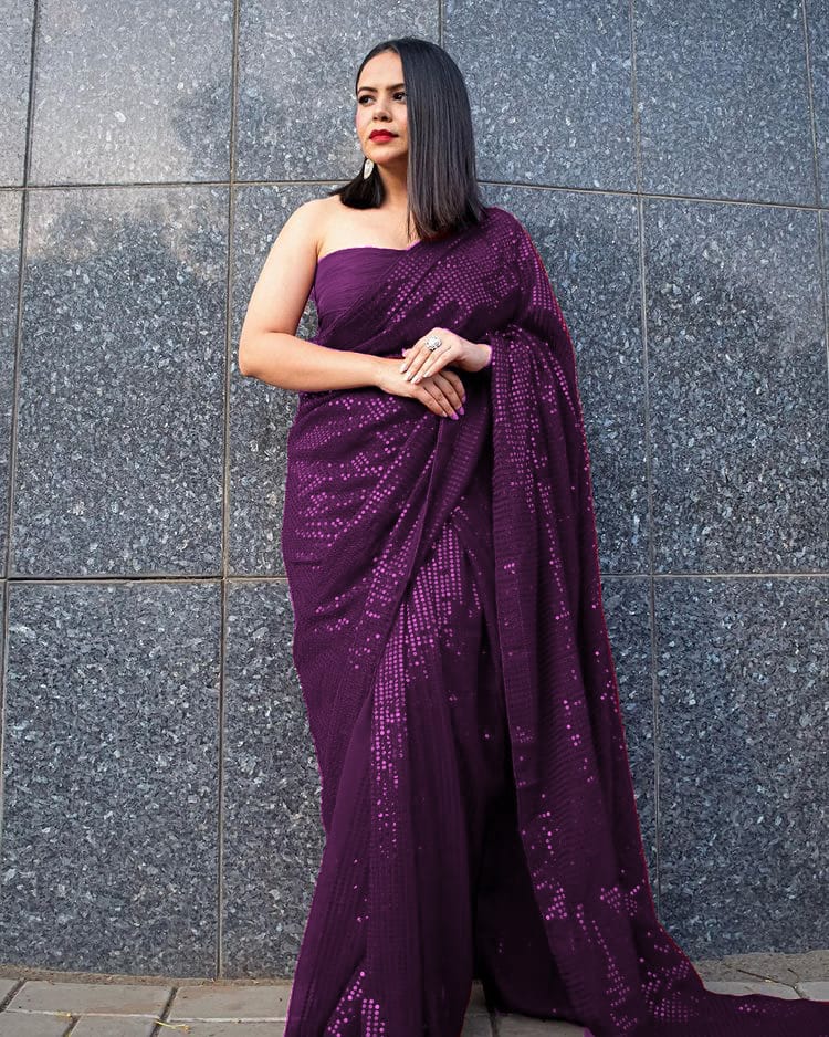 Glamorous Designer Sequence Party Wear Georgette Saree With Silk