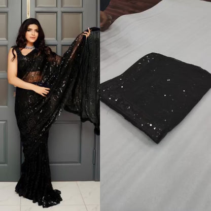 Party Wear Black Colour Georgette Sequence Worked Designer Saree With Beautiful Sequenc Blouse