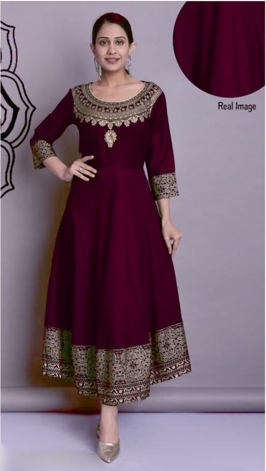 Designer Heavy Reyon Gold Foil Printed Full Stiched Long Kurti
