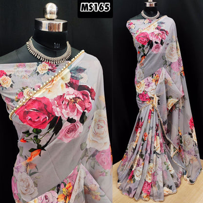 Flower Printed Georgette Moti Worked Lace Saree With Georgette Blouse