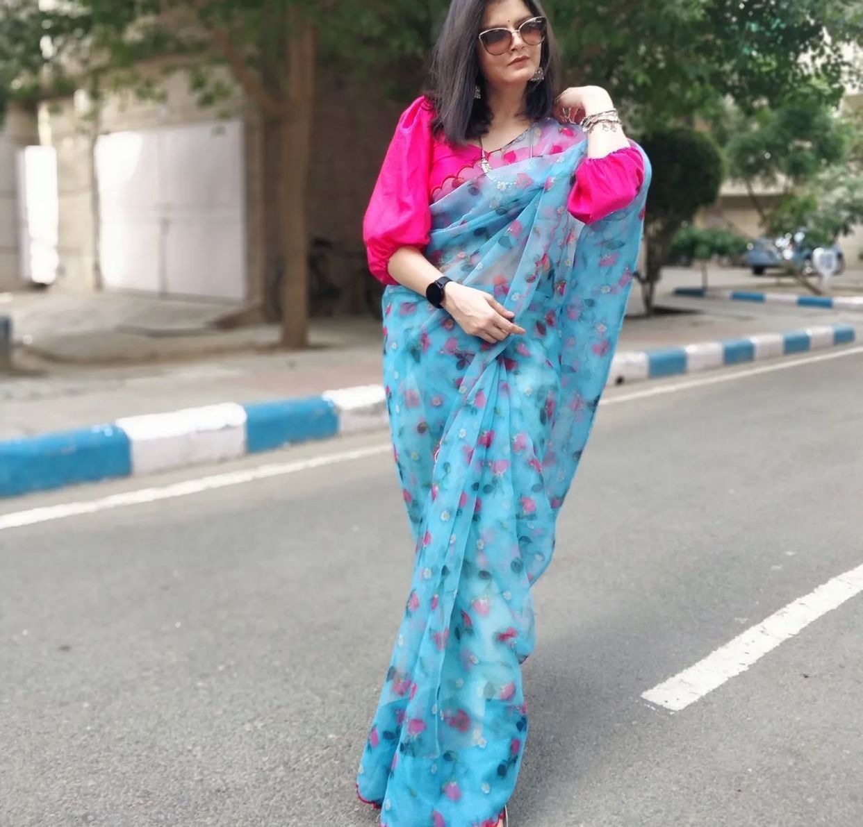 Organza Silk Beautidul Digital Printed Saree With Unstiched Banglori Silk Blouse