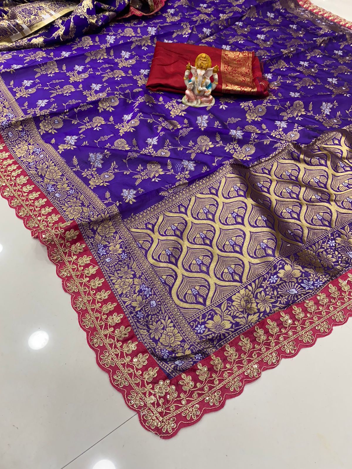 Traditional Kanchipuram Purple Colour Weaving Saree With Lovely Self Weaving Design